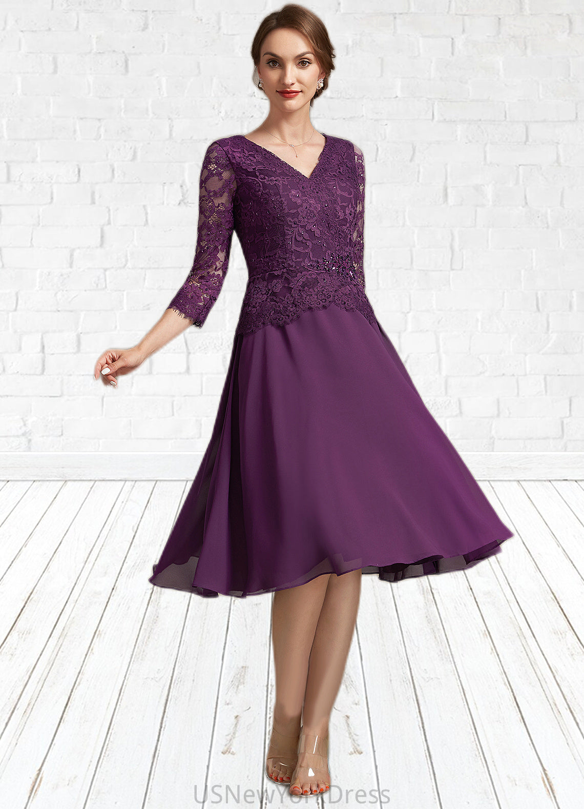Maryjane A-Line V-neck Knee-Length Chiffon Lace Mother of the Bride Dress With Beading Sequins DJ126P0015035