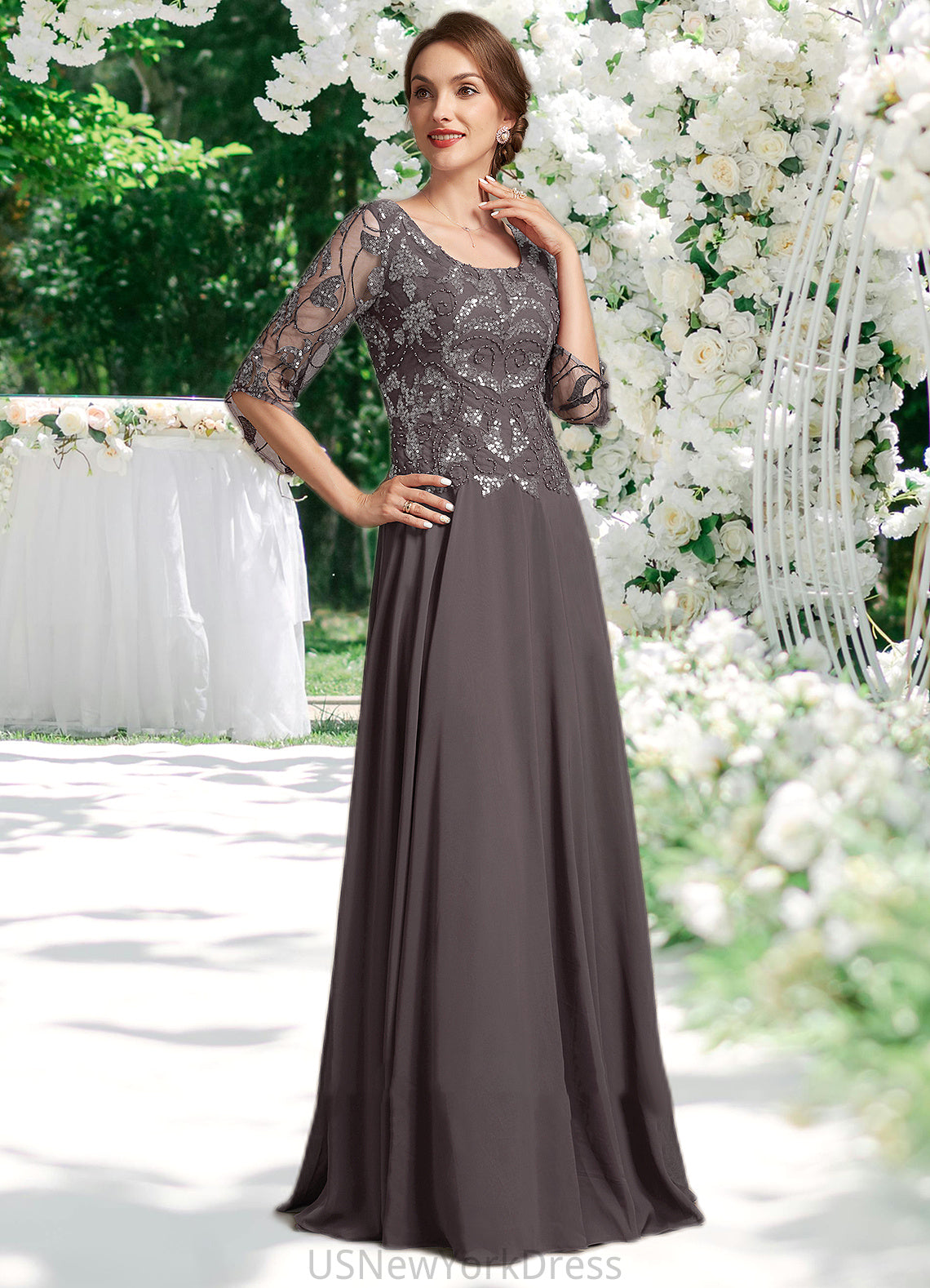 Jaycee A-Line Scoop Neck Floor-Length Chiffon Lace Mother of the Bride Dress With Beading Sequins DJ126P0015036