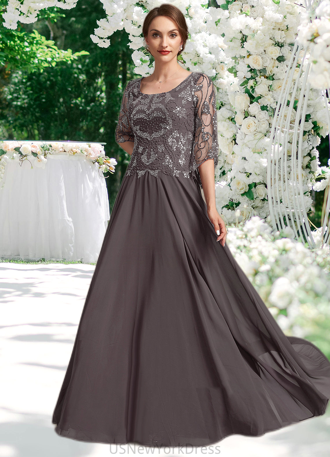 Jaycee A-Line Scoop Neck Floor-Length Chiffon Lace Mother of the Bride Dress With Beading Sequins DJ126P0015036