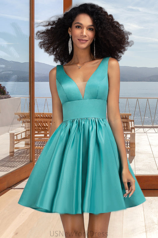 Louisa A-line V-Neck Short/Mini Satin Homecoming Dress DJP0020570
