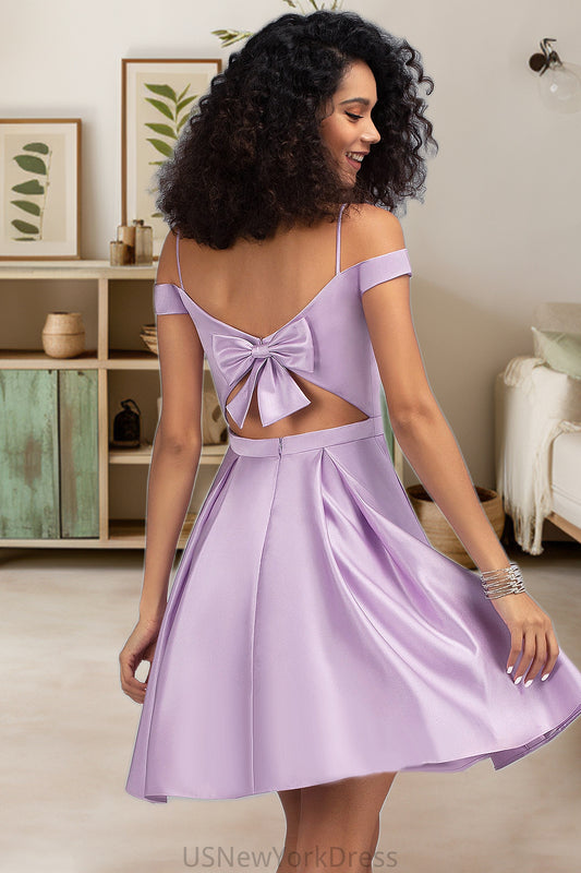 Yareli A-line Off the Shoulder Short/Mini Satin Homecoming Dress With Bow DJP0020568