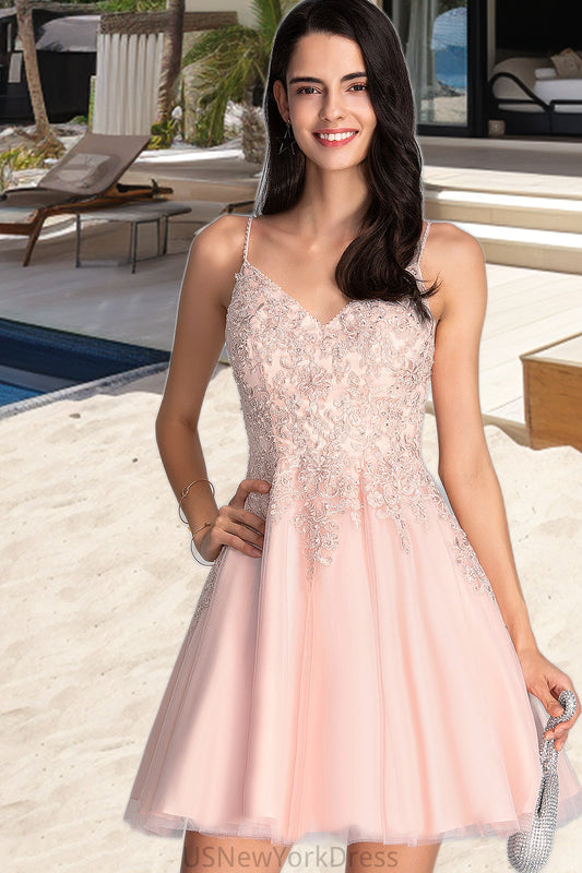 Lily A-line V-Neck Short/Mini Tulle Homecoming Dress With Beading DJP0020538