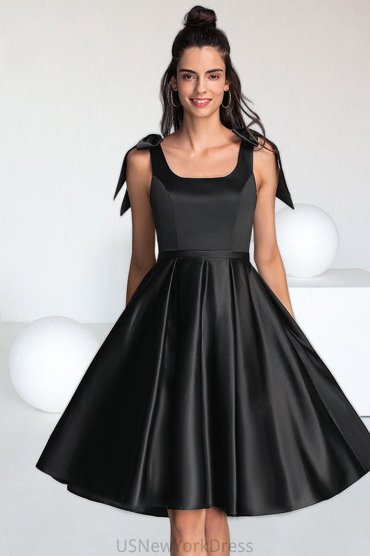 Ingrid A-line Square Knee-Length Satin Homecoming Dress With Bow DJP0020556