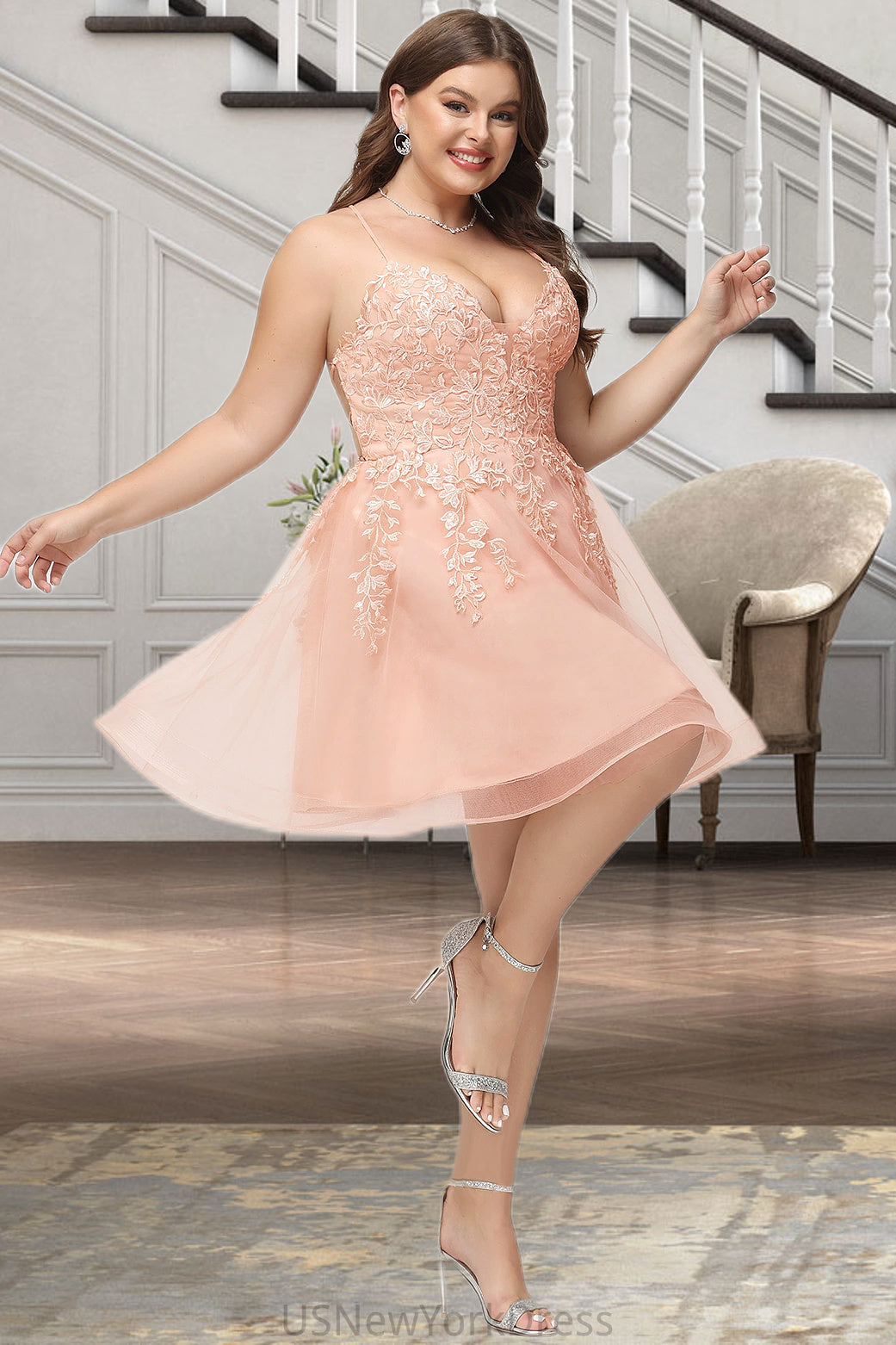 Jaiden A-line V-Neck Short/Mini Lace Tulle Homecoming Dress With Sequins DJP0020500