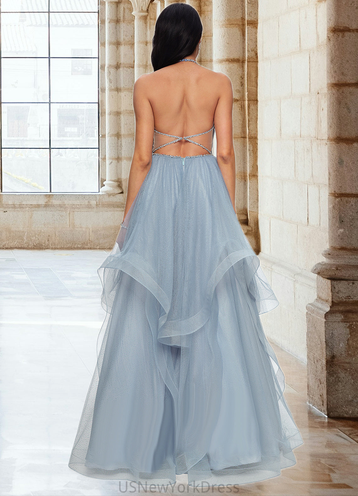 Stephanie Ball-Gown/Princess Halter V-Neck Floor-Length Tulle Prom Dresses With Beading Rhinestone Sequins DJP0022199