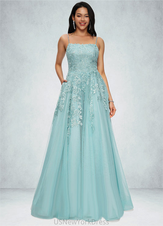 Zoie Ball-Gown/Princess Straight Floor-Length Tulle Prom Dresses With Appliques Lace Sequins DJP0022206