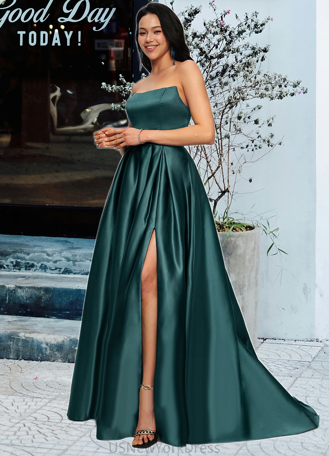 Henrietta Ball-Gown/Princess Sweep Train Satin Prom Dresses DJP0022207