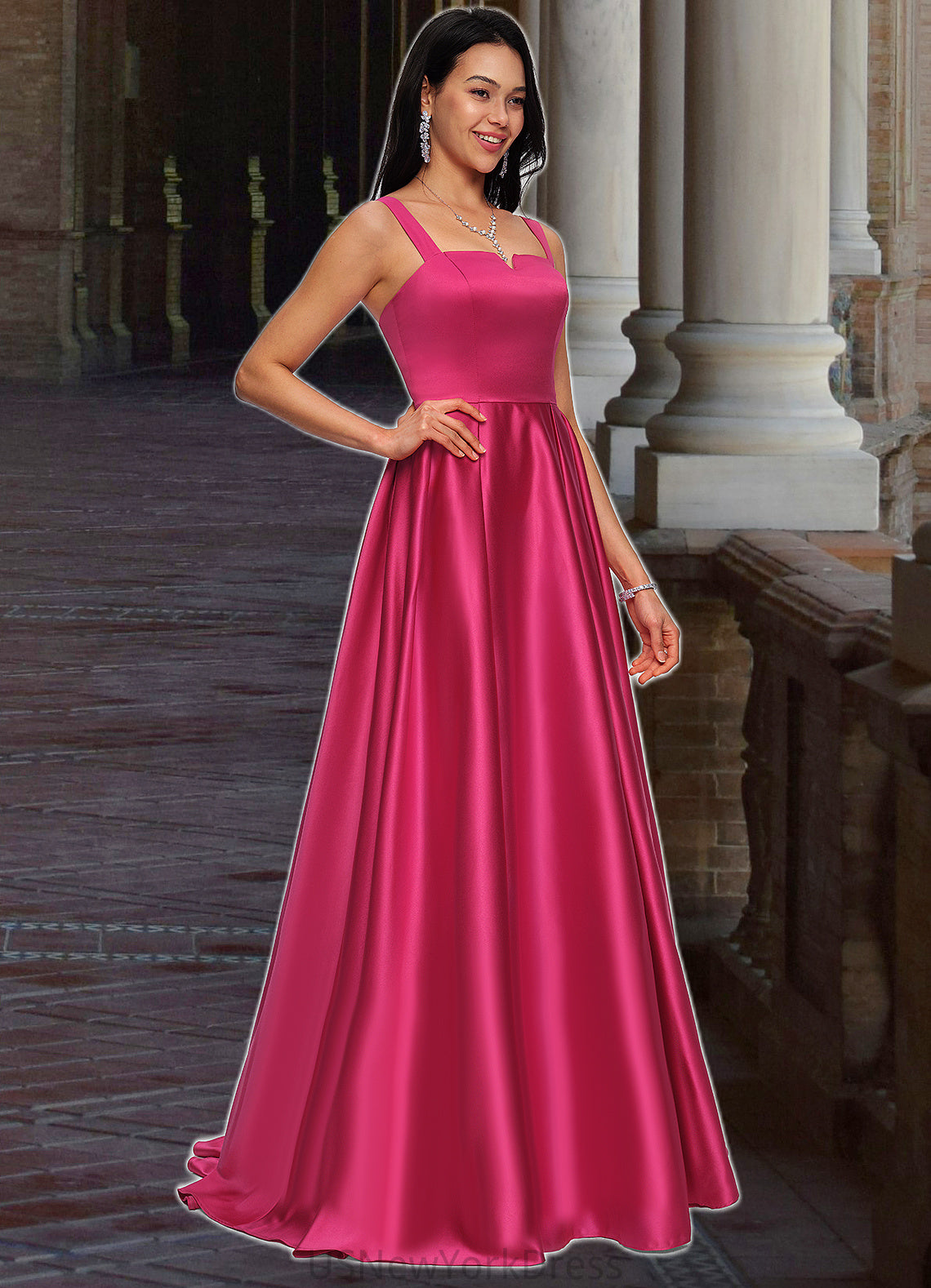 Thea Ball-Gown/Princess V-Neck Sweep Train Satin Prom Dresses DJP0022215