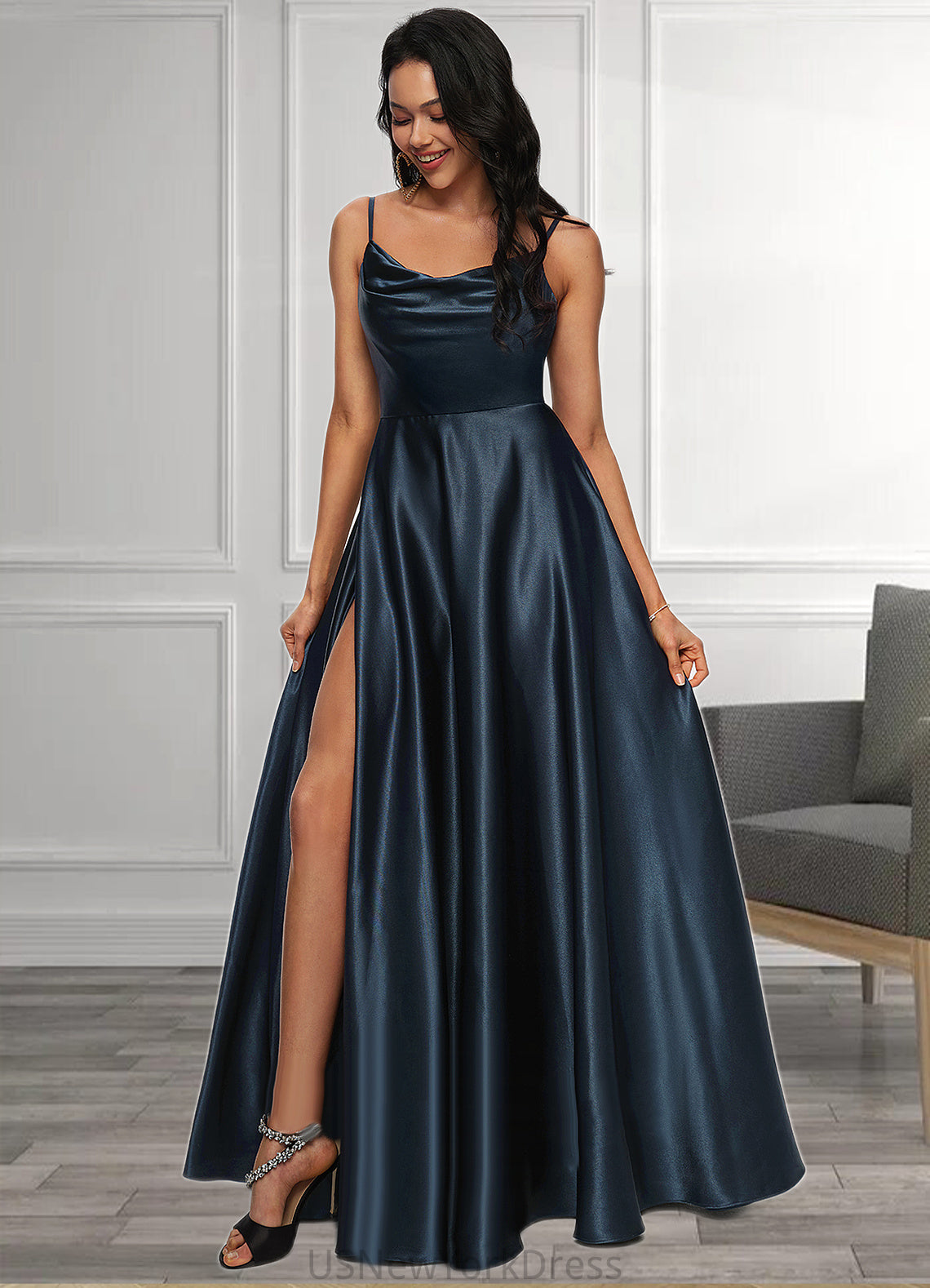 Arely A-line Cowl Floor-Length Stretch Satin Prom Dresses DJP0022216