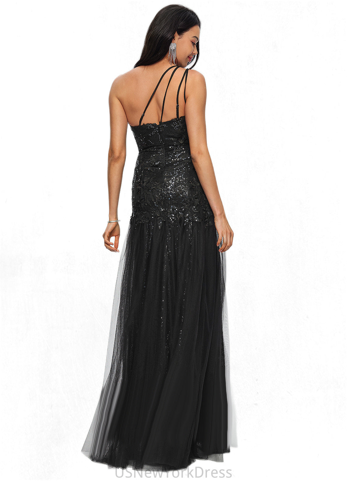 Ella Trumpet/Mermaid One Shoulder Illusion Floor-Length Lace Tulle Prom Dresses With Sequins DJP0022217