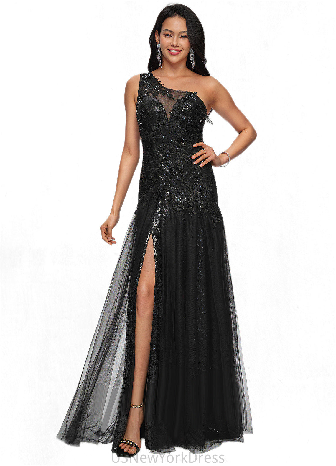 Ella Trumpet/Mermaid One Shoulder Illusion Floor-Length Lace Tulle Prom Dresses With Sequins DJP0022217