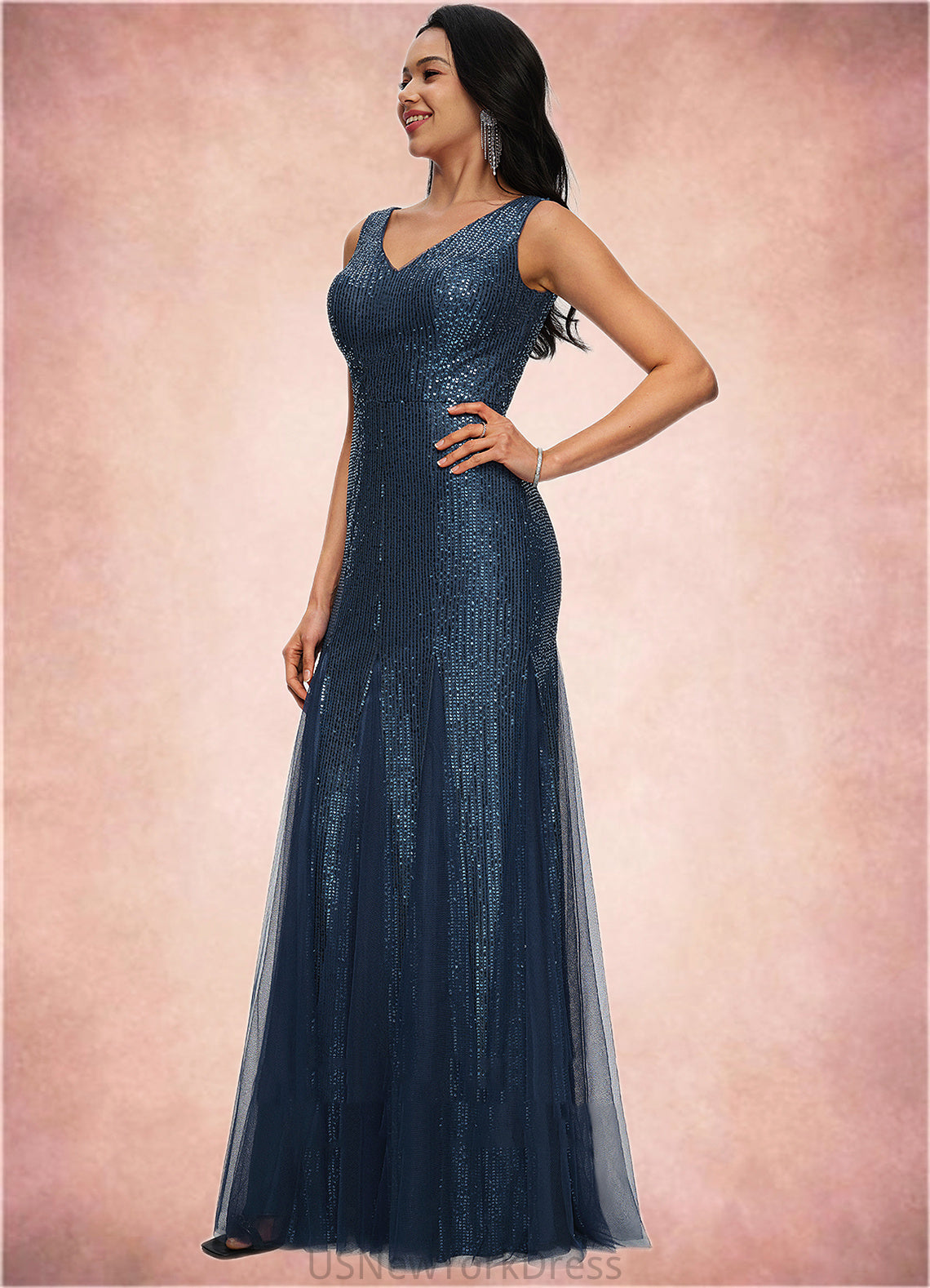Aurora Sheath/Column V-Neck Floor-Length Sequin Prom Dresses DJP0022218
