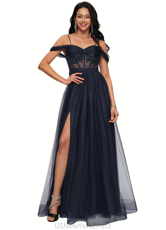 Macie Ball-Gown/Princess Off the Shoulder Floor-Length Tulle Prom Dresses With Appliques Lace Sequins DJP0022221