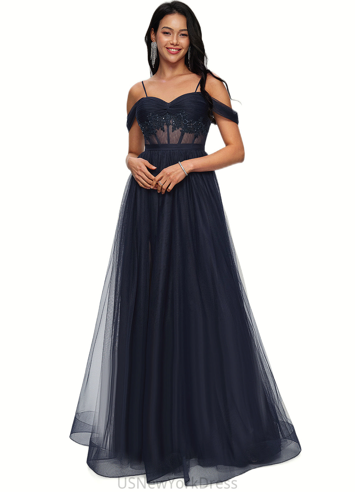 Macie Ball-Gown/Princess Off the Shoulder Floor-Length Tulle Prom Dresses With Appliques Lace Sequins DJP0022221