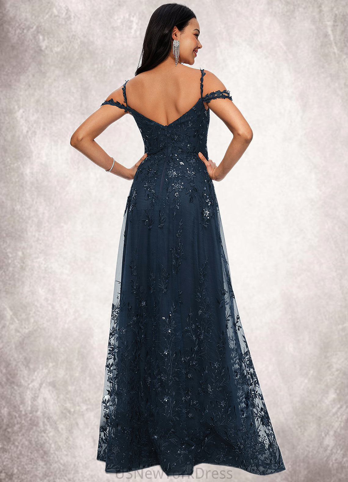 Kayleigh A-line V-Neck Floor-Length Lace Prom Dresses With Sequins DJP0022222