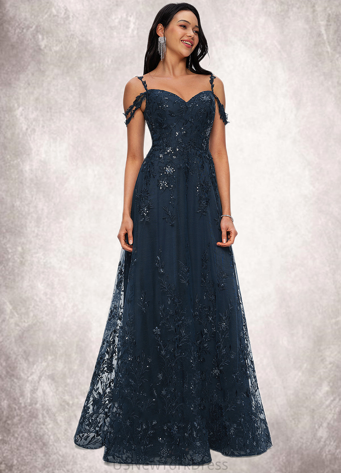 Kayleigh A-line V-Neck Floor-Length Lace Prom Dresses With Sequins DJP0022222