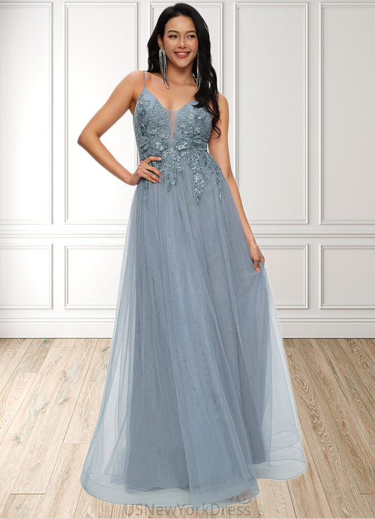 Kailyn A-line V-Neck Floor-Length Tulle Prom Dresses With Appliques Lace Sequins DJP0022223