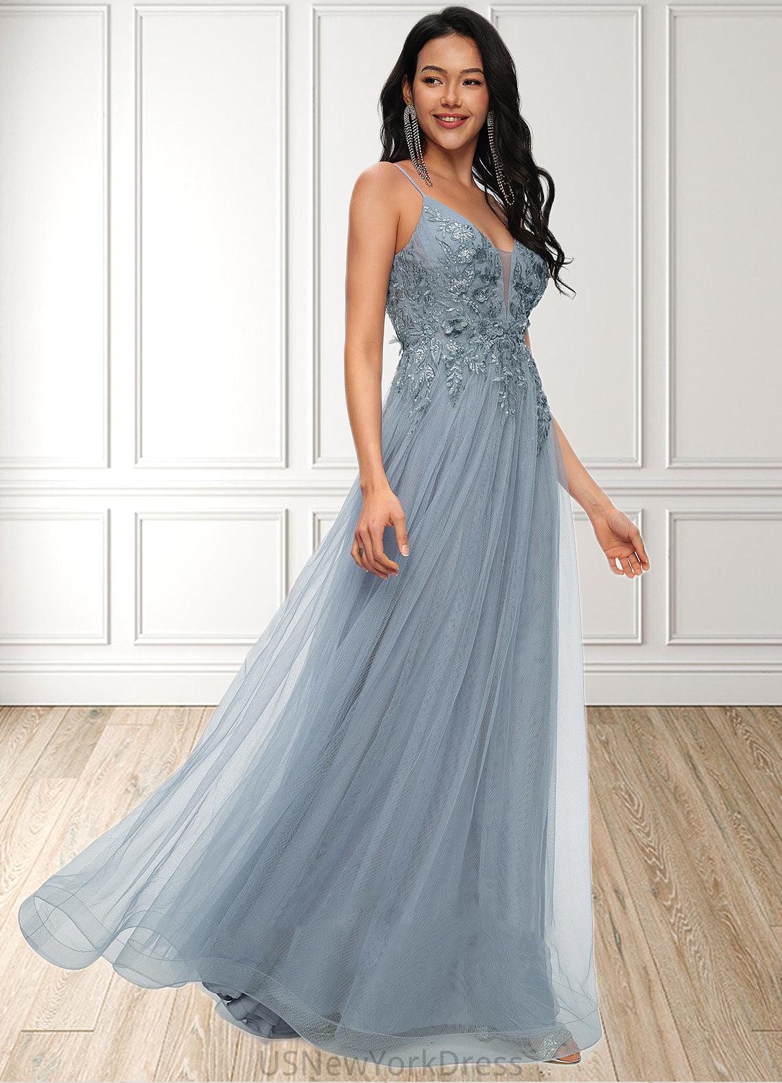 Kailyn A-line V-Neck Floor-Length Tulle Prom Dresses With Appliques Lace Sequins DJP0022223