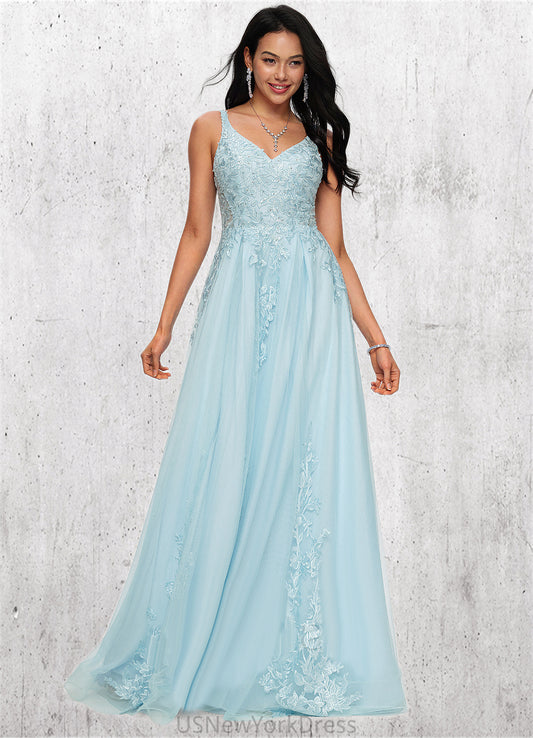 Natalee A-line V-Neck Floor-Length Tulle Prom Dresses With Rhinestone Appliques Lace Sequins DJP0022225