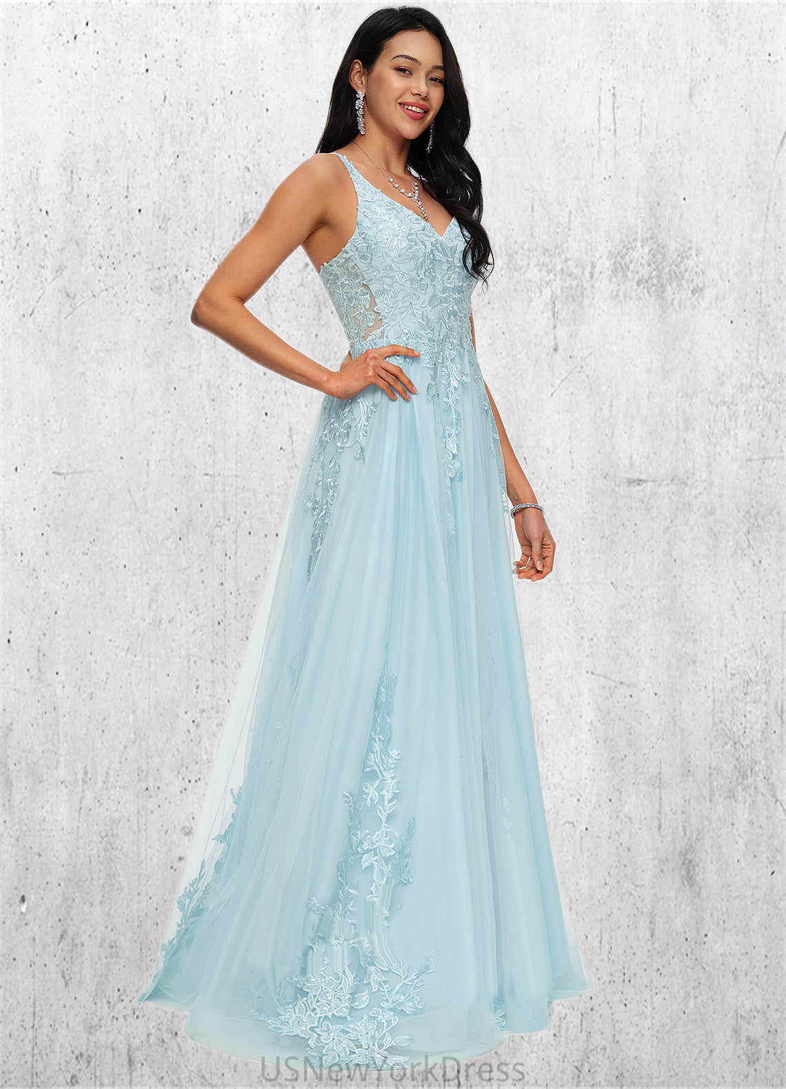 Natalee A-line V-Neck Floor-Length Tulle Prom Dresses With Rhinestone Appliques Lace Sequins DJP0022225