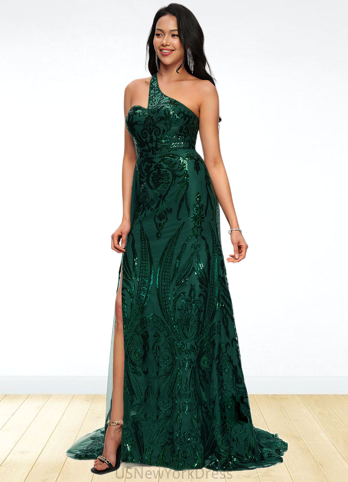 Tessa Trumpet/Mermaid One Shoulder Sweep Train Sequin Prom Dresses With Sequins DJP0022226