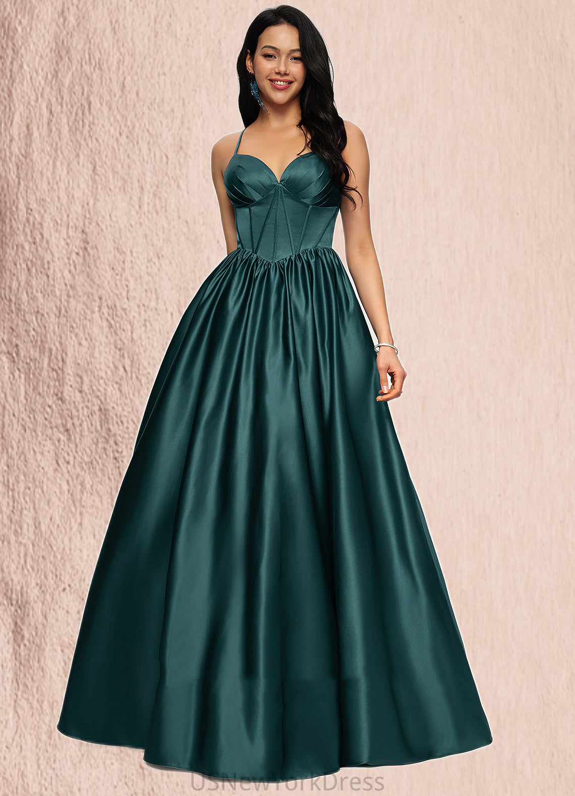 Milagros Ball-Gown/Princess V-Neck Floor-Length Satin Prom Dresses With Pleated DJP0022230