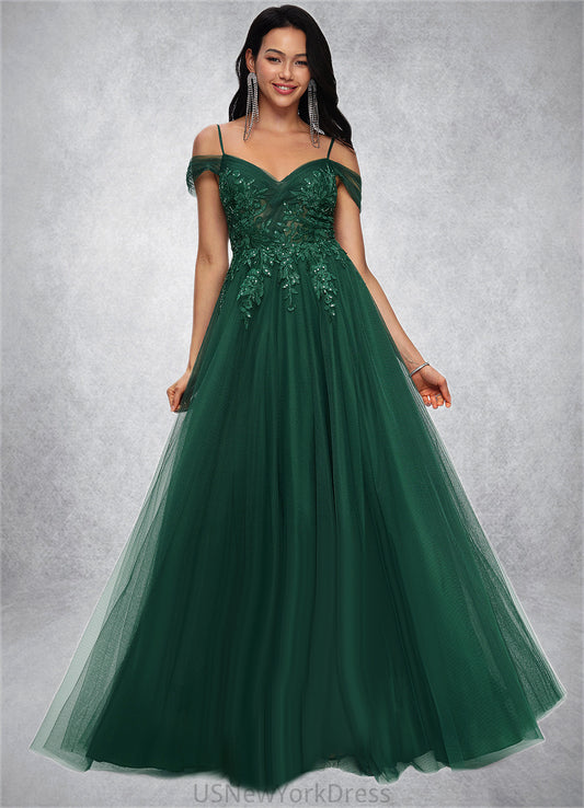 Beryl A-line Off the Shoulder Floor-Length Tulle Prom Dresses With Appliques Lace Sequins DJP0022231