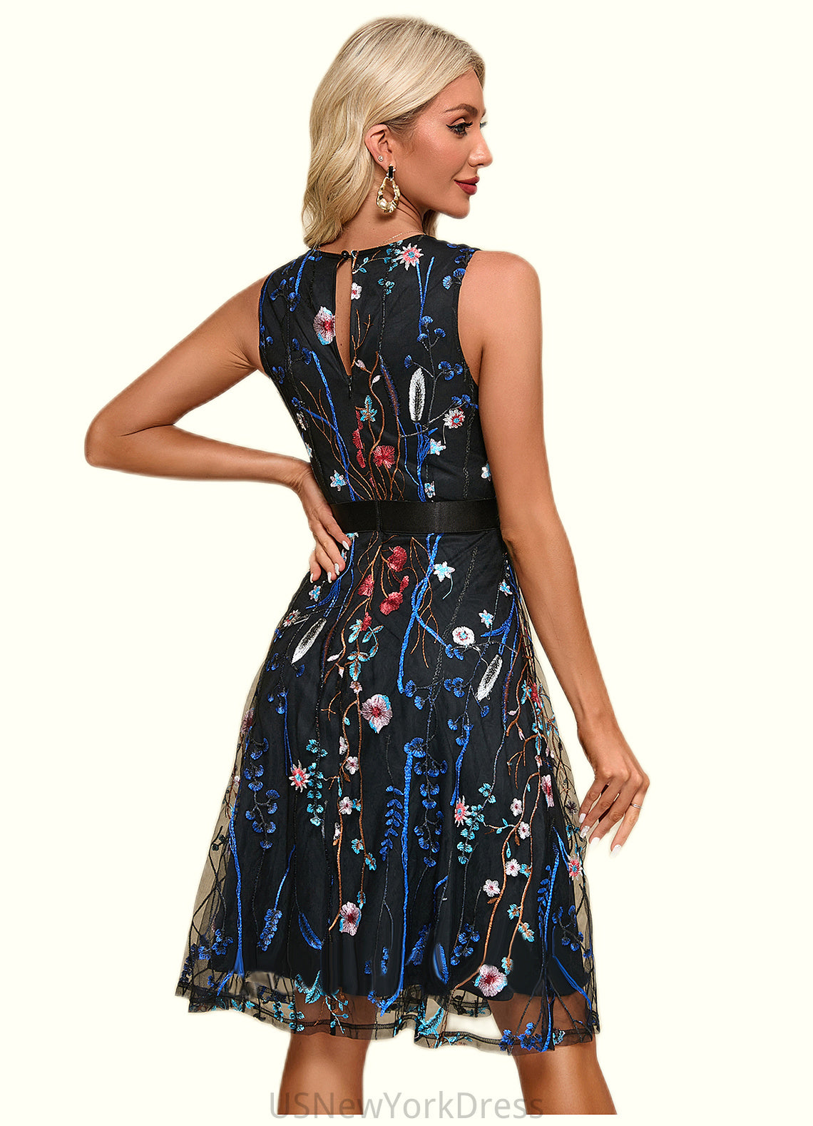Lana Flower Jacquard Scoop Elegant A-line Tulle Midi Dresses DJP0022247