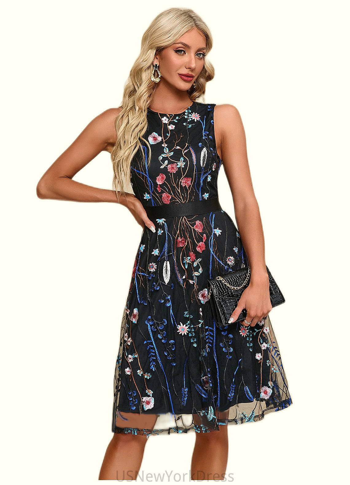 Lana Flower Jacquard Scoop Elegant A-line Tulle Midi Dresses DJP0022247