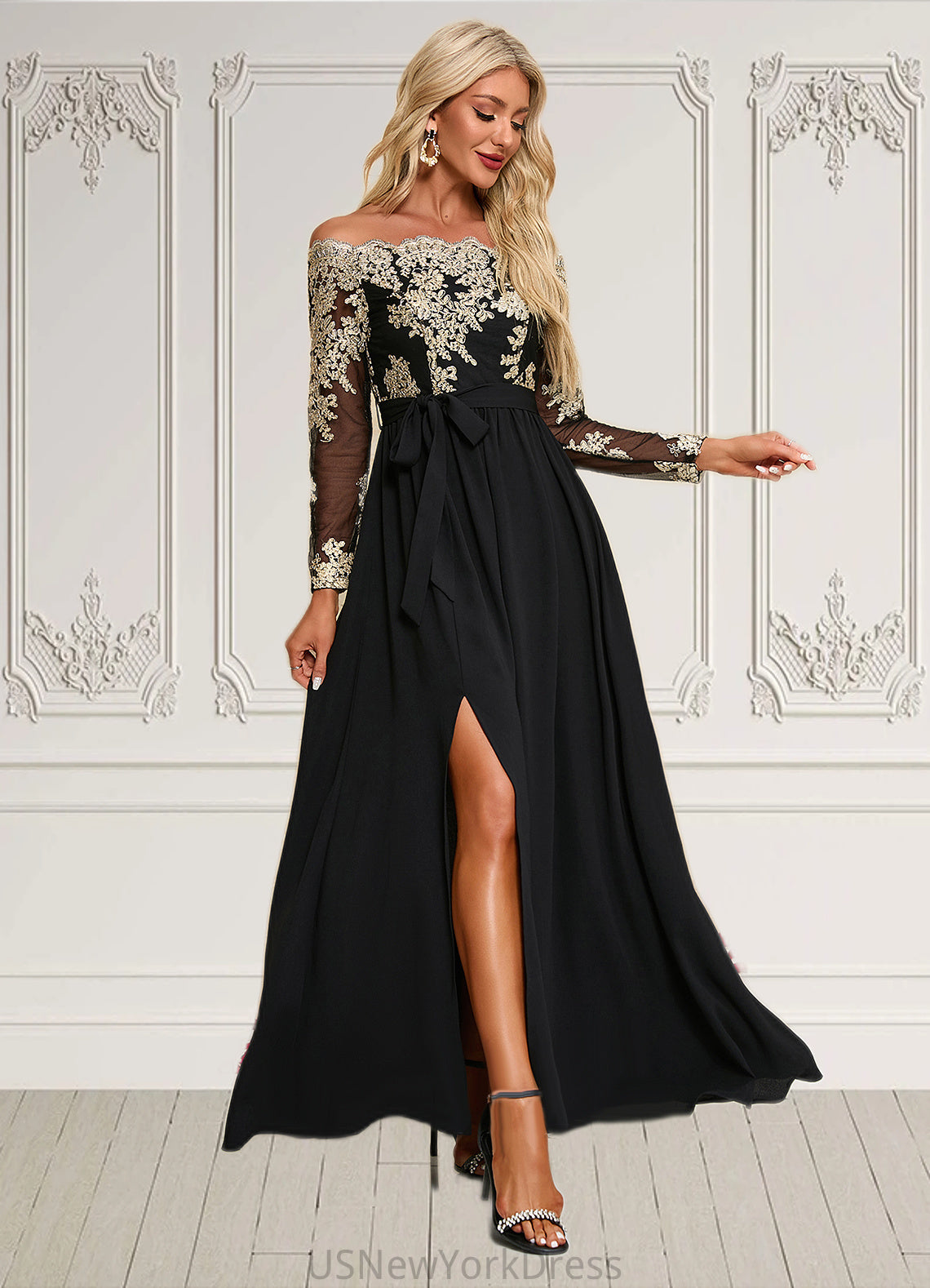 Miranda Jacquard Off the Shoulder Elegant A-line Polyester Maxi Dresses DJP0022248