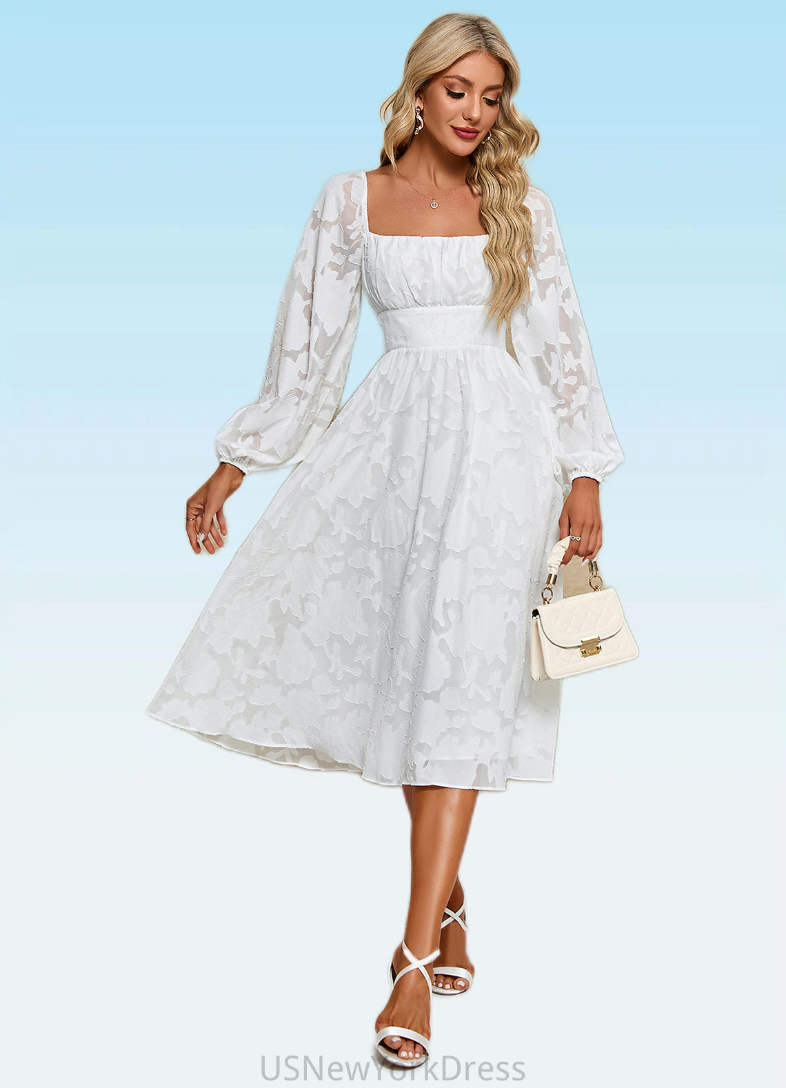 Katelyn Flower Jacquard Square Elegant A-line Chiffon Midi Dresses DJP0022252