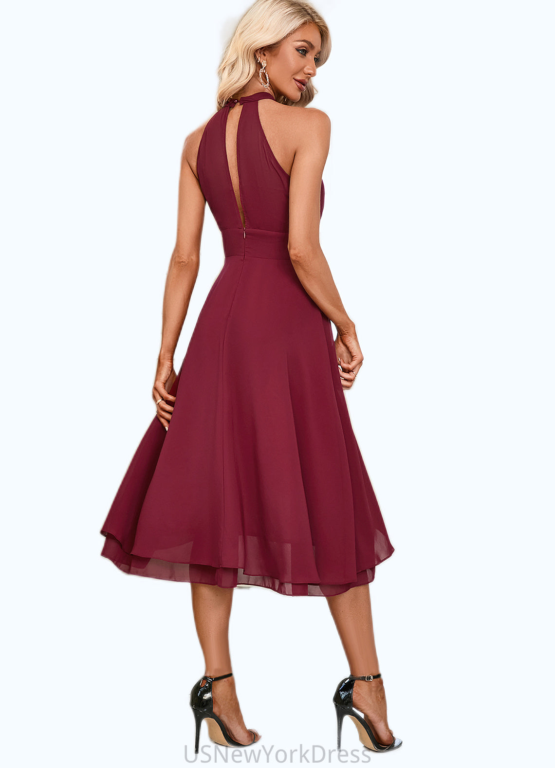 Ava High Neck Elegant A-line Chiffon Asymmetrical Dresses DJP0022253