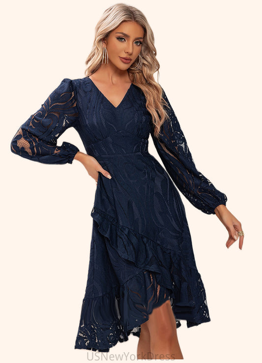 Abagail Jacquard V-Neck Elegant A-line Lace Midi Dresses DJP0022269