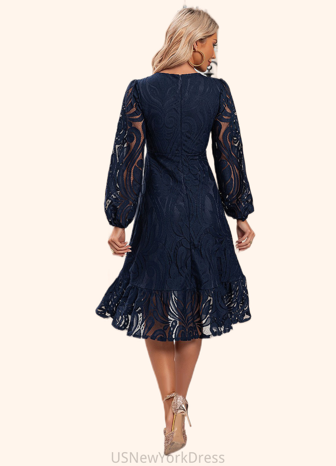 Abagail Jacquard V-Neck Elegant A-line Lace Midi Dresses DJP0022269