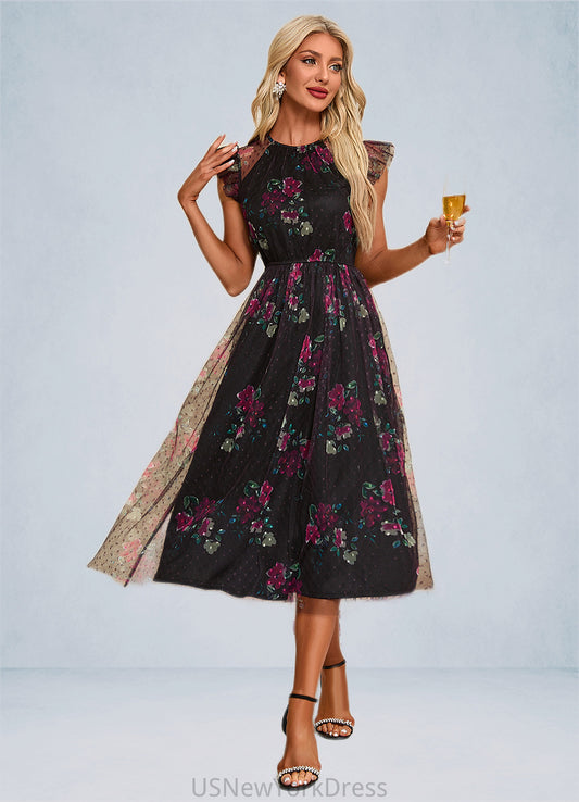 Kaitlin Floral Print Scoop Elegant A-line Tulle Midi Dresses DJP0022277