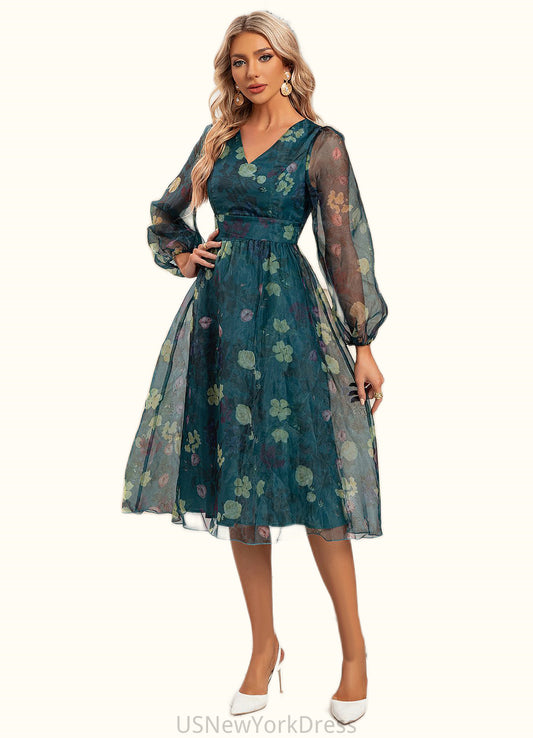 Aisha Floral Print V-Neck Elegant A-line Organza Midi Dresses DJP0022297