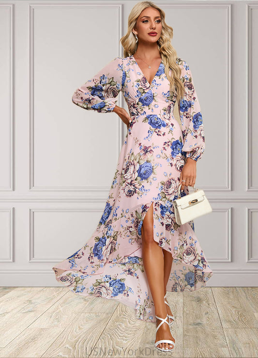 Allisson Ruffle Floral Print V-Neck Elegant A-line Chiffon Asymmetrical Dresses DJP0022327