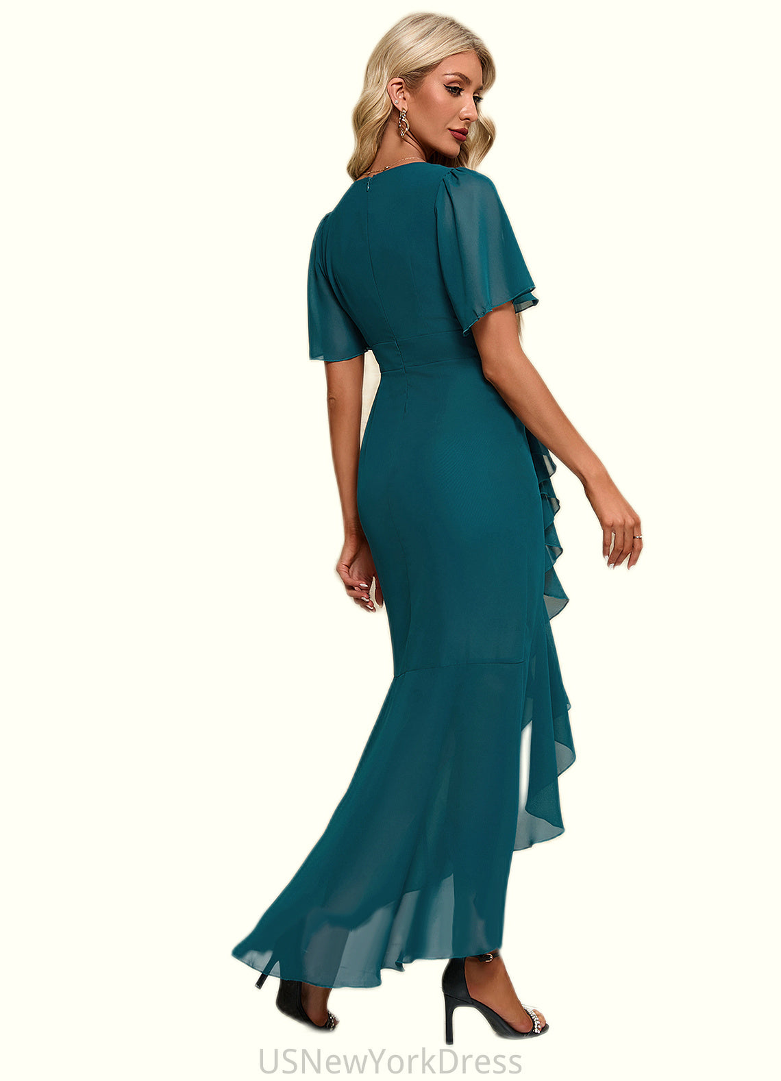Peyton Ruffle V-Neck Elegant Trumpet/Mermaid Chiffon Asymmetrical Dresses DJP0022358