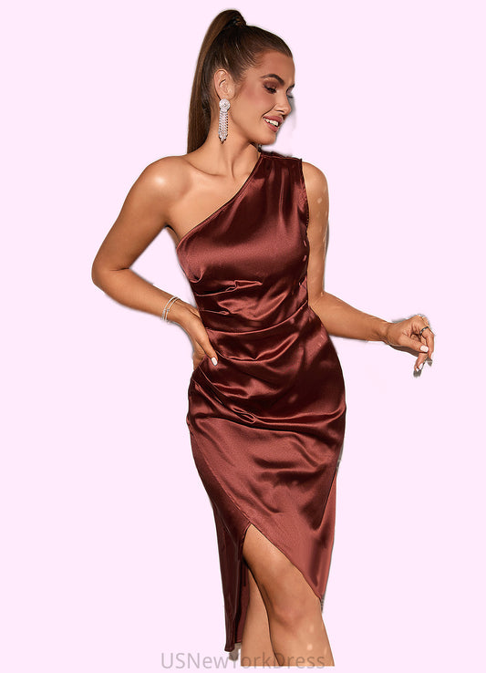 Kelsey Ruffle One Shoulder Elegant Sheath/Column Satin Midi Dresses DJP0022363