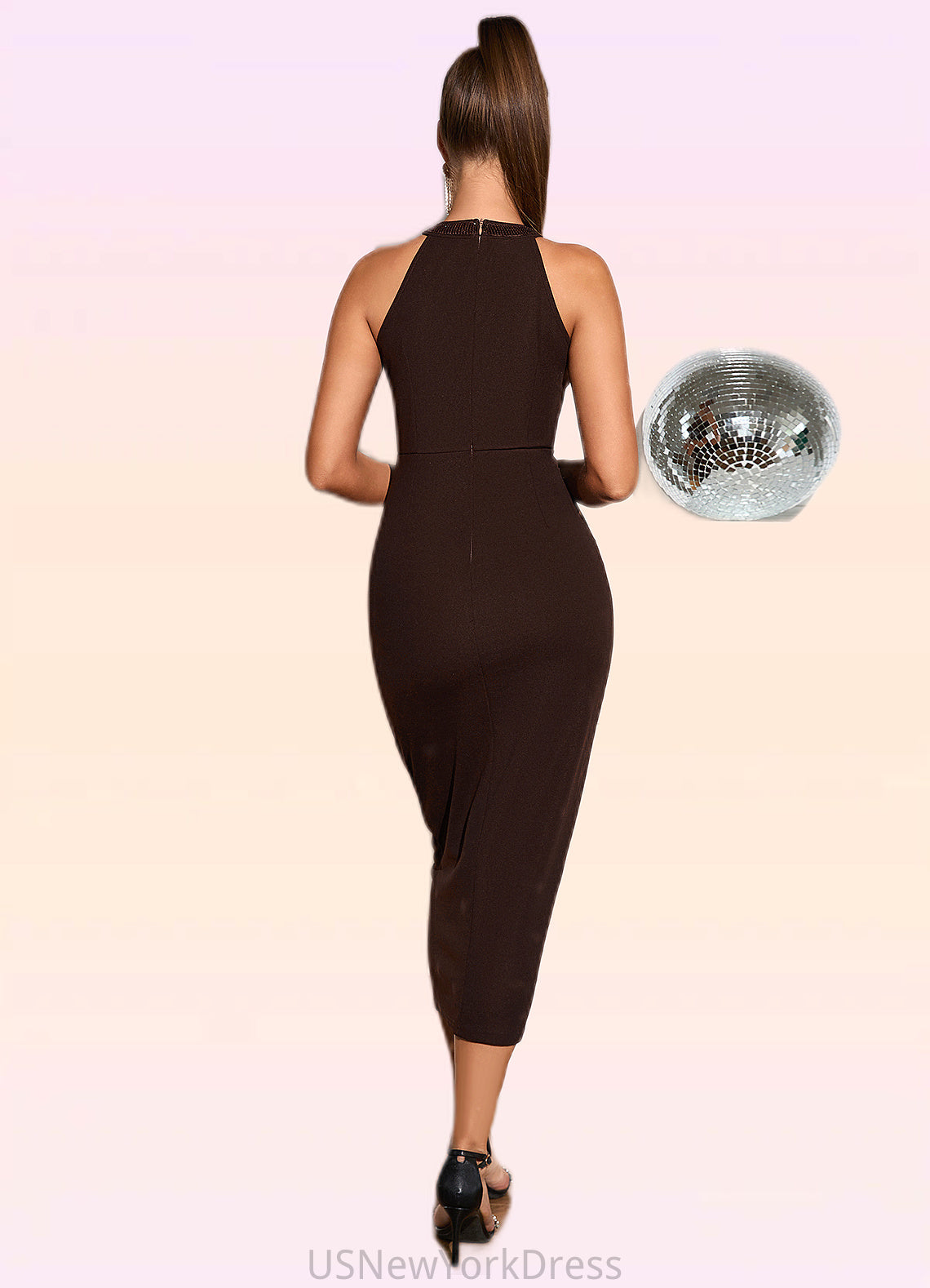 Lucy Sequins High Neck Sexy Sheath/Column Polyester Midi Dresses DJP0022364