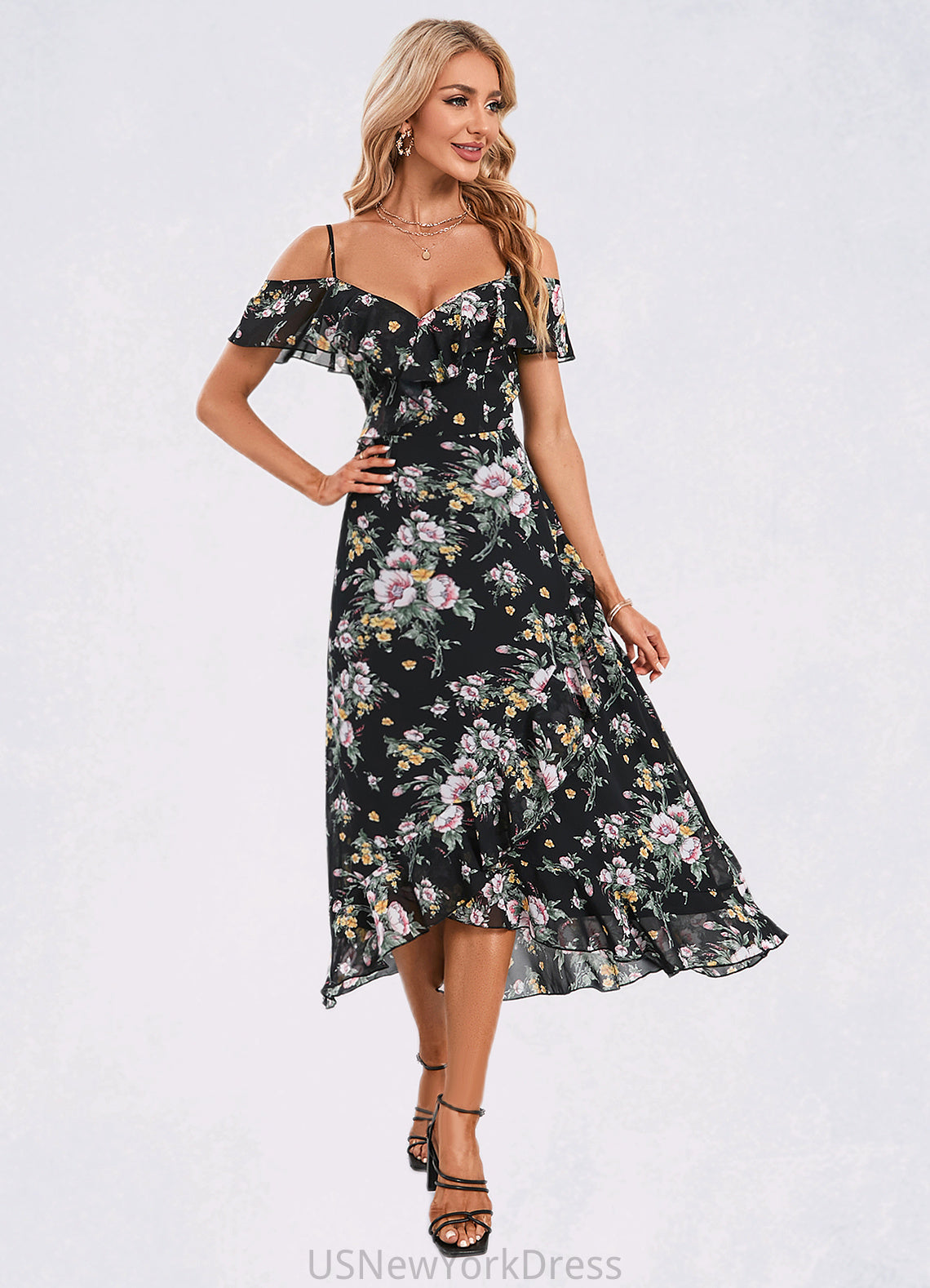 Lacey Floral Print Cold Shoulder Elegant A-line Chiffon Asymmetrical Dresses DJP0022369