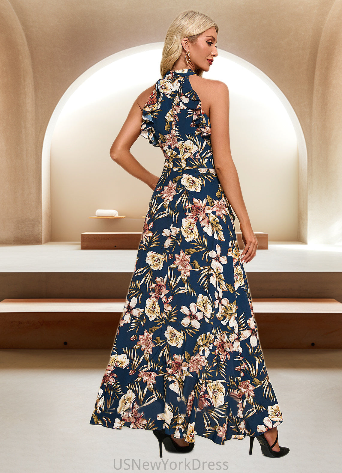 Arely Ruffle Floral Print High Neck Elegant A-line Polyester Asymmetrical Dresses DJP0022373