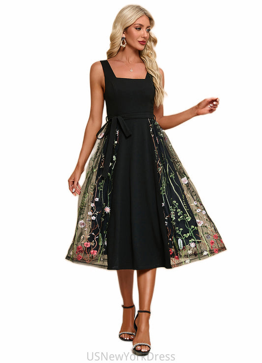 Emelia Flower Jacquard Square Elegant A-line Polyester Tulle Midi Dresses DJP0022392
