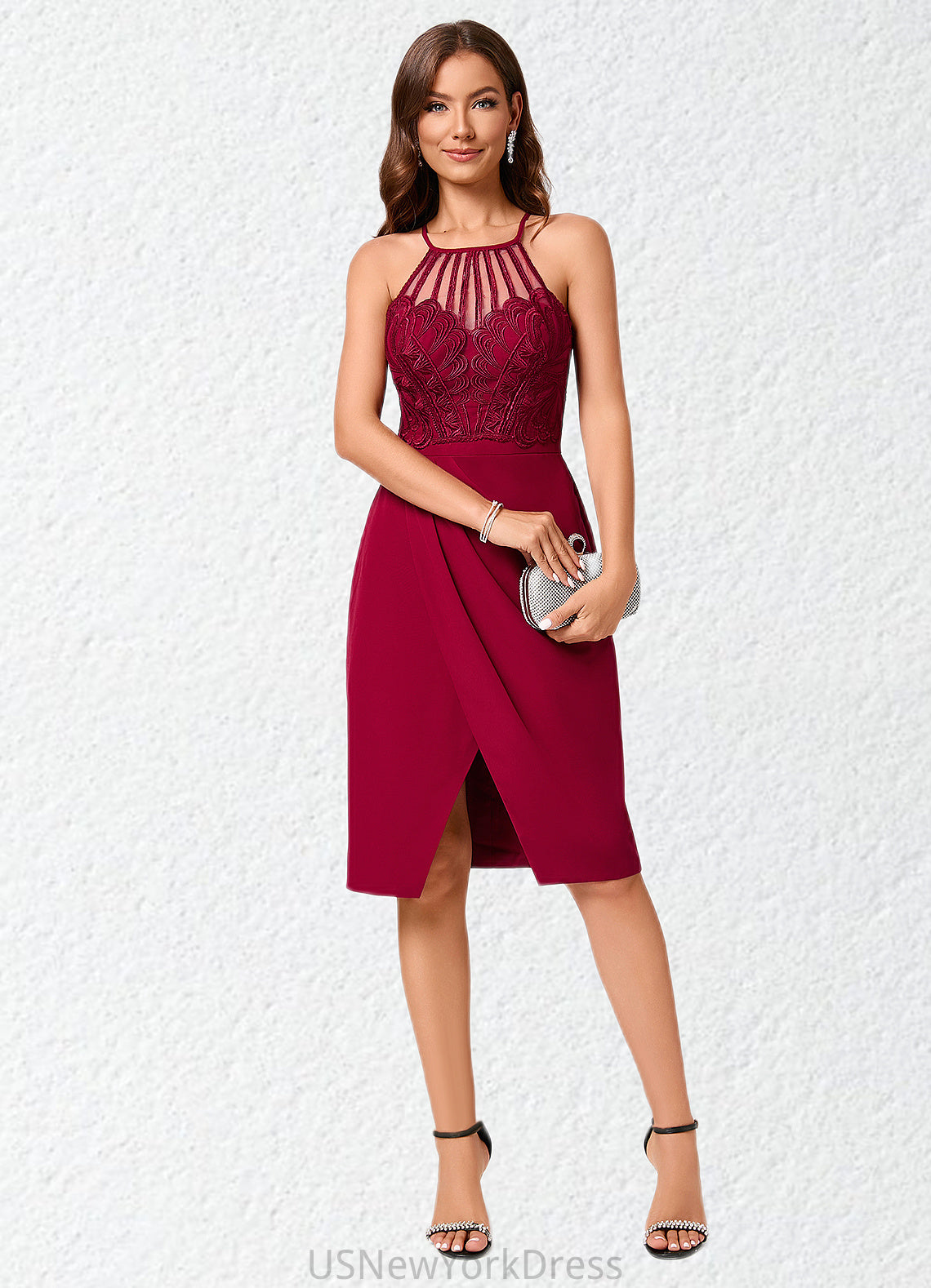 Hailee Sheath/Column V-Neck Knee-Length Chiffon Lace Cocktail Dress With Ruffle DJP0022421