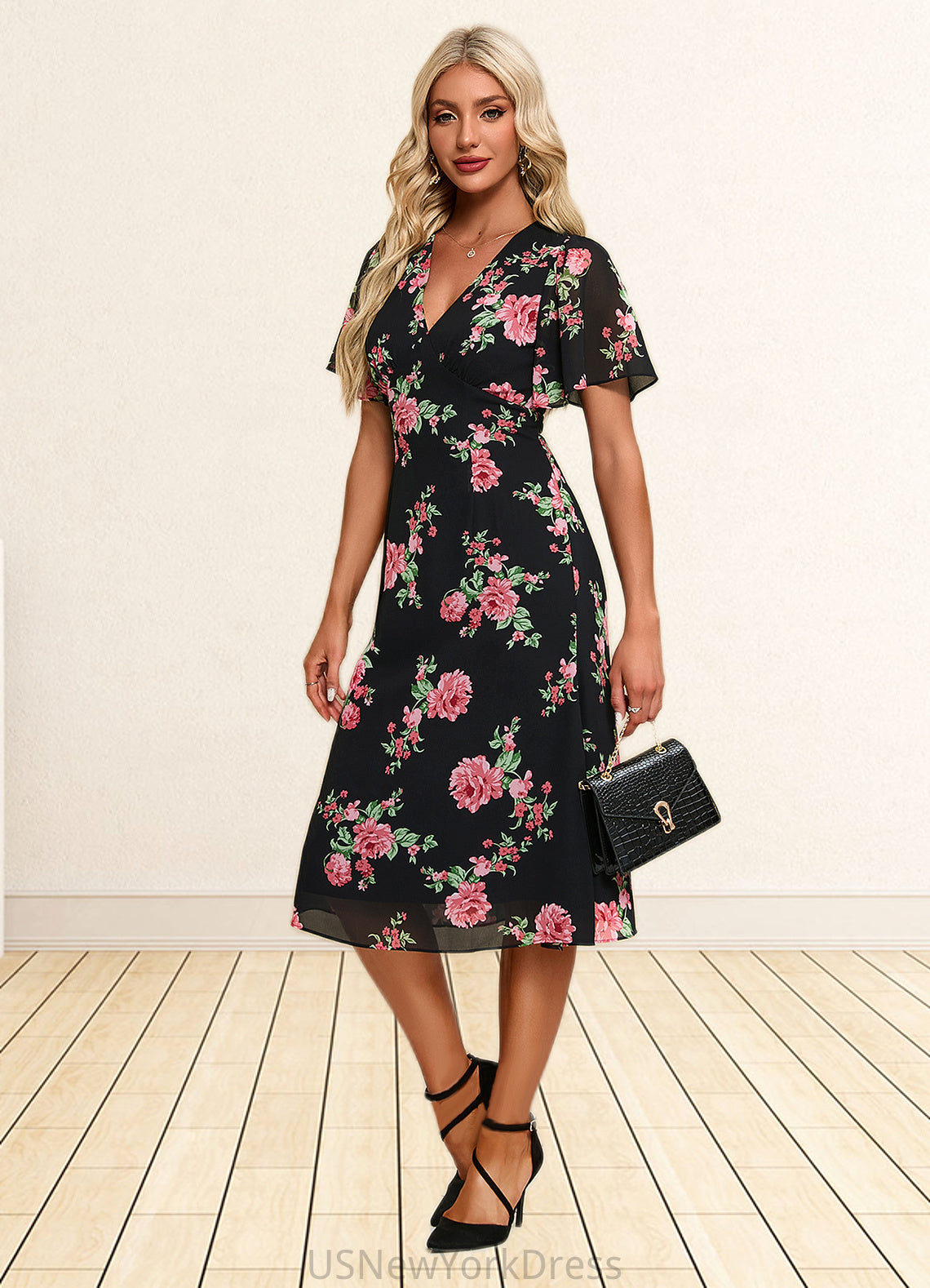 Alanna Floral Print V-Neck Elegant A-line Chiffon Midi Dresses DJP0022424