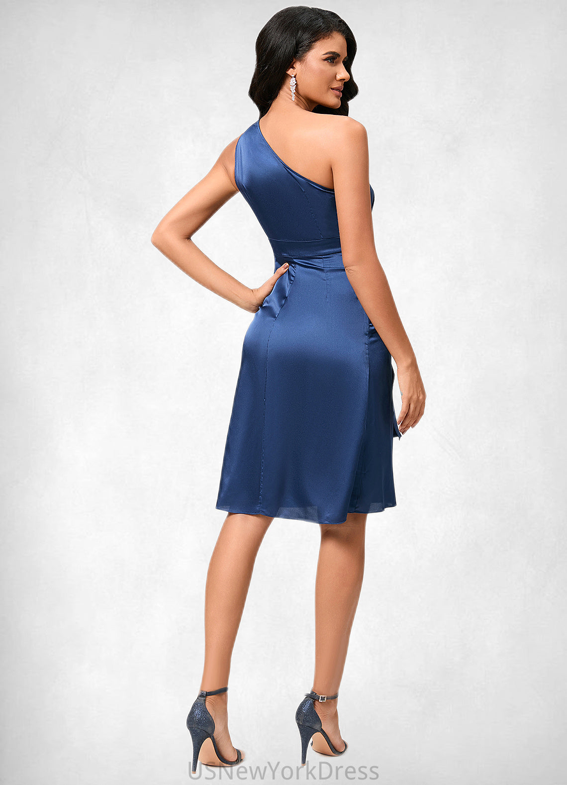 Giana A-line One Shoulder Knee-Length Satin Cocktail Dress With Ruffle DJP0022427