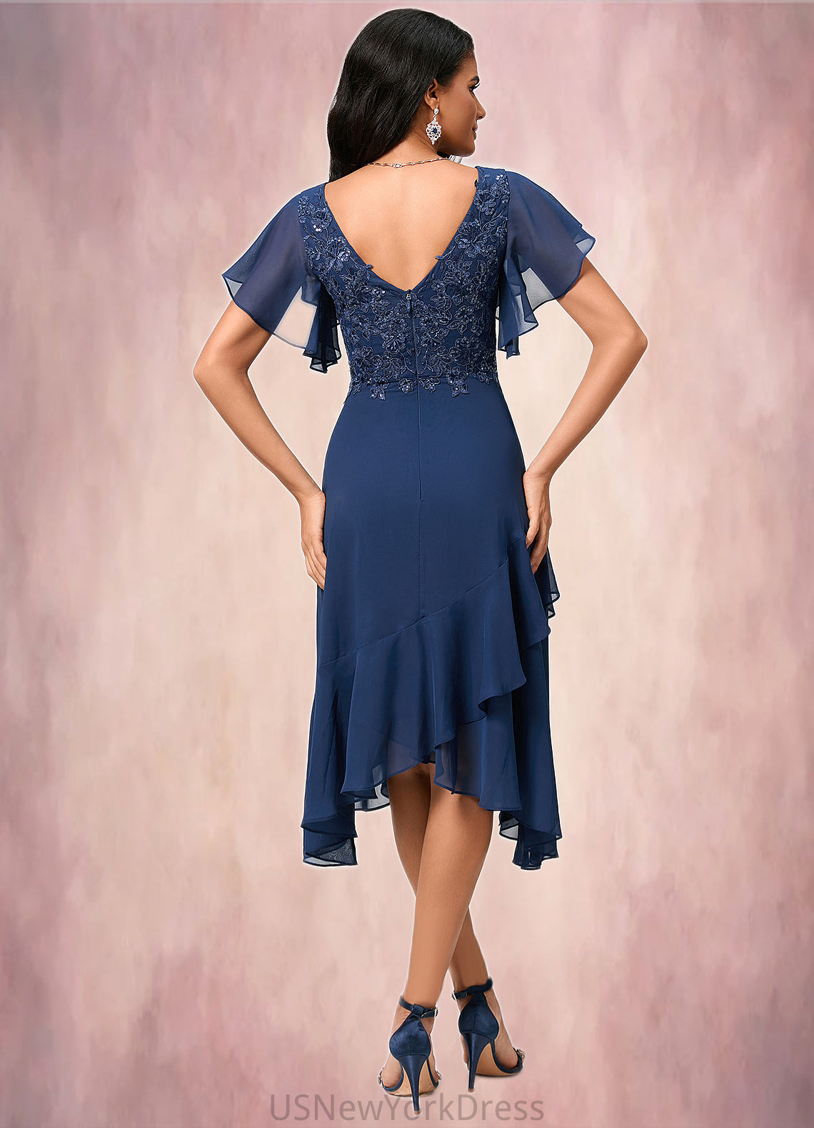 Shyla A-line V-Neck Tea-Length Chiffon Lace Cocktail Dress With Cascading Ruffles DJP0022430