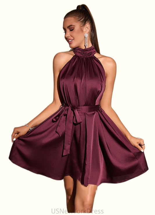 Mandy Ruffle High Neck Elegant A-line Satin Mini Dresses DJP0022436
