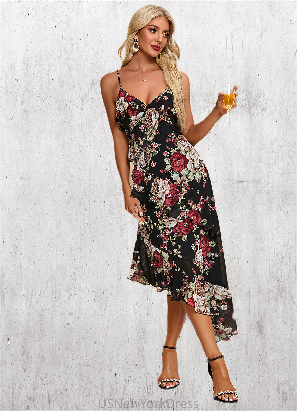 Eva Ruffle Floral Print V-Neck Elegant A-line Chiffon Asymmetrical Dresses DJP0022447