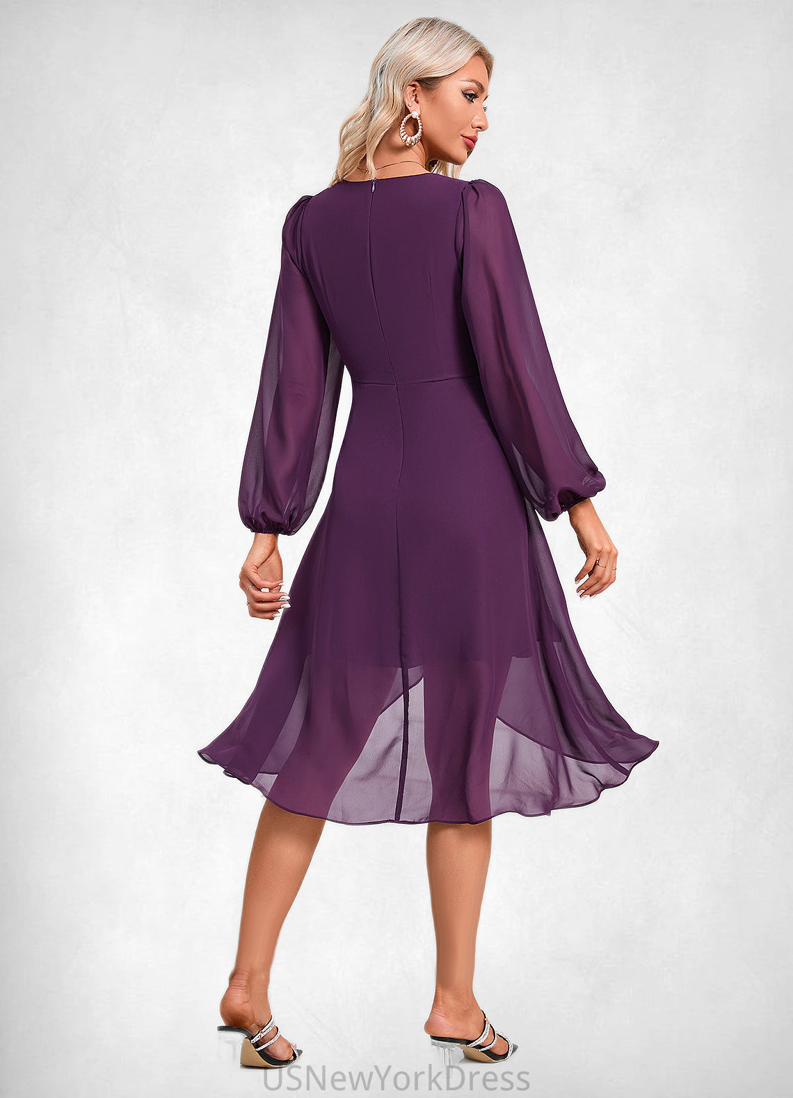 Haylee Bow Ruffle V-Neck Elegant A-line Chiffon Asymmetrical Dresses DJP0022457
